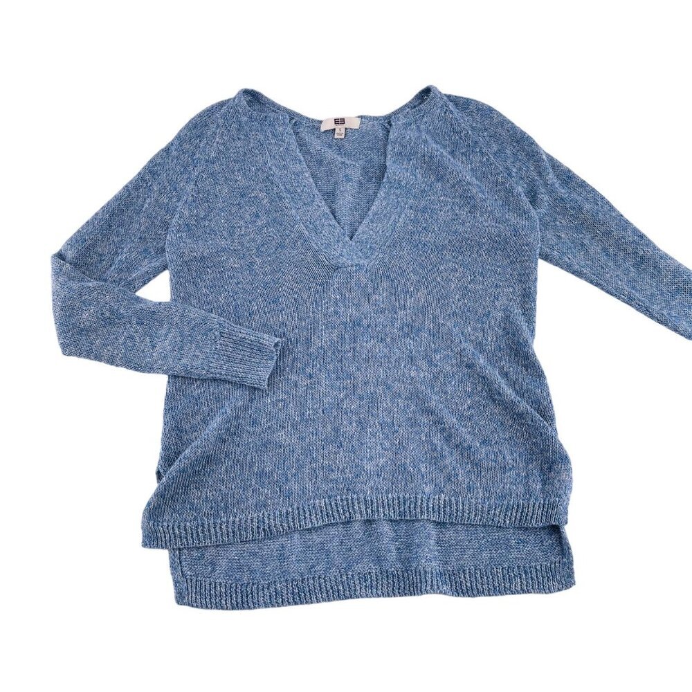 Womens By Etcetera Blue Linen Sweater With V-Neck Size Small Pullover